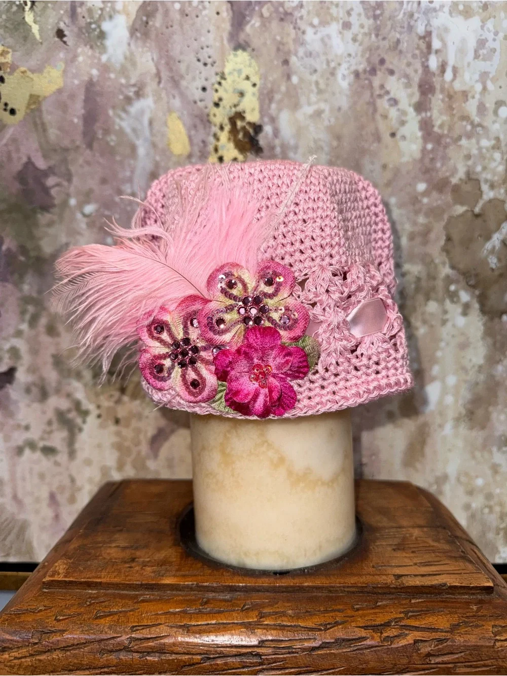 Pink Floral Crochet Baby Hat with Feather Accent